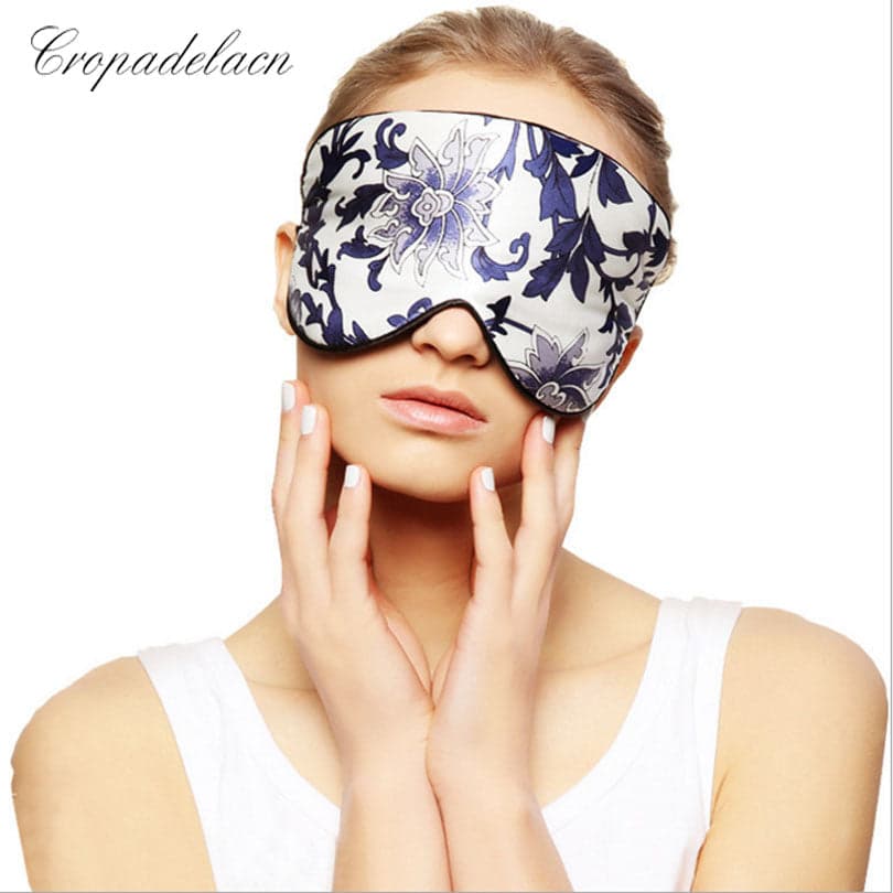 Blue and white Upscale Silk Portable Travel Sleep Eye Mask Rest Aid  Soft Cover Eye Patch Eyeshade Sleeping Mask Case MR097