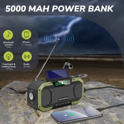 Hand Crank Radio with Bluetooth Speaker – Multifunctional Emergency Radio with Solar Panel,Flashlight,AM,FM – NOAA Weather Radio with 5000mAh Battery – IPX5 Waterproof Crank Radio for Camping, Outdoor 4