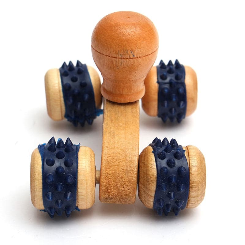 Practical Four Wheels Wooden Hand Held Body Roller Massager Wood Full-body Massage Health Care Relaxation Tool Gift Color Random