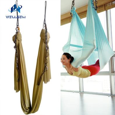 Gold 5m full sets Aerial Yoga Hammock Swing Trapeze AntiGravity Inversion equipment +daisy chain+autolock carbiner +ring mount